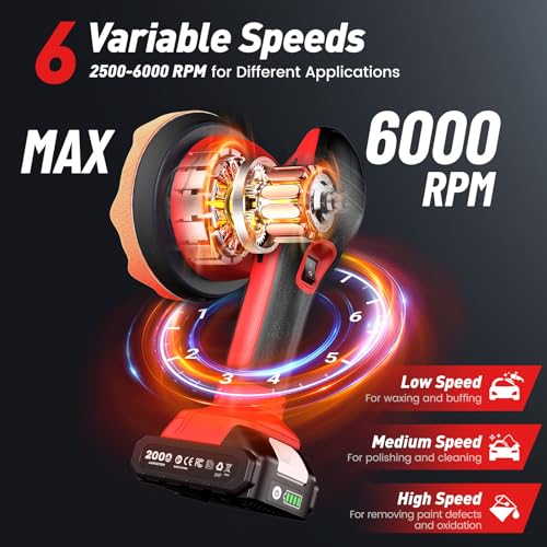Cordless Car Buffer Polisher kit w/ 2x2000mAh 21V Batteries, 6 Inch Car buffer Waxer Kit w/ 6 Variable Speed & Extra Attachments, Polisher for Car Detailing,Boat Sanding,Scratch Removing