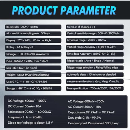 Portable Digital Multimeter Oscilloscope Automotive | 10MHz bandwidth. 50Msps sampling rate. 6000 counts display. Built in 250V explosion proof fuse. Stores 100 data sets. - color: ET828