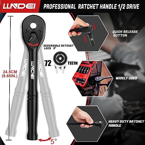 LLNDEI 1/2" Impact Socket Wrench Set: 49Pcs, CR-V, Metric | Combination Wrenches (8-17mm), Deep Sockets(8-24mm), Spark Plug Socket(16,21mm), Household&Automotive Repairing - size: 49-Piece 1/2" Drive Socket Set