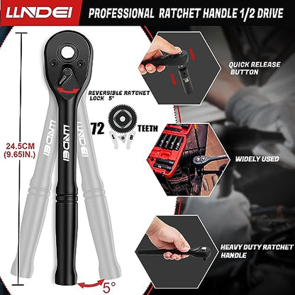 LLNDEI 1/2" Impact Socket Wrench Set: 49Pcs, CR-V, Metric | Combination Wrenches (8-17mm), Deep Sockets(8-24mm), Spark Plug Socket(16,21mm), Household&Automotive Repairing - size: 49-Piece 1/2" Drive Socket Set