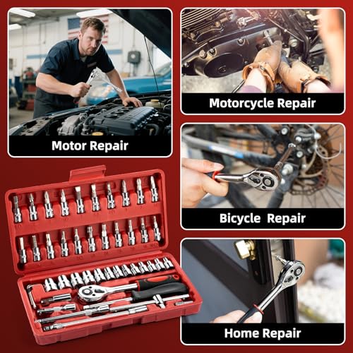 Socket Set, 46 PCS 1/4 Inch Drive Socket Wrench Set, Ratchet Wreches Set with Bit Socket Set Metric & Extension Bar for Auto Repairing and Household, with Storage case