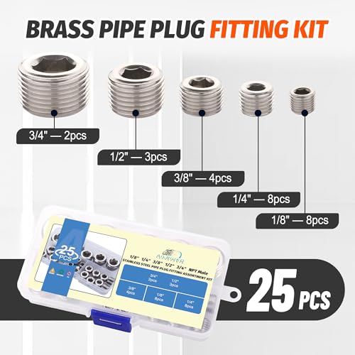 25Pcs 304 Stainless Steel Pipe Plug Fittings Assortment Kit,5 Sizes 1/8" 1/4" 3/8" 1/2" 3/4" NPT Male Internal Hex Thread Socket Pipe Plug Set