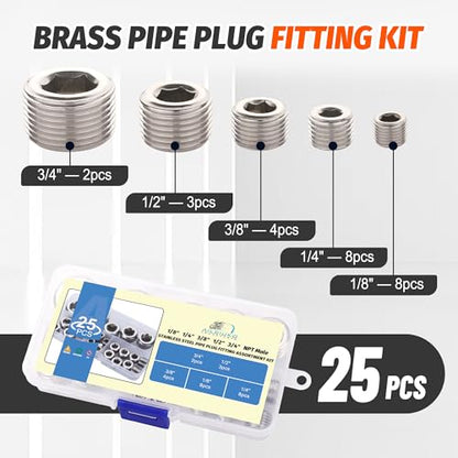 25Pcs 304 Stainless Steel Pipe Plug Fittings Assortment Kit,5 Sizes 1/8" 1/4" 3/8" 1/2" 3/4" NPT Male Internal Hex Thread Socket Pipe Plug Set
