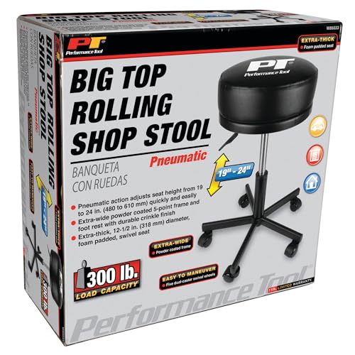 Performance Tool W85033 Extra-Thick Big Top Pneumatic Rolling Shop Stool for Mechanic Garages and Workshops, Black, 19x19x18.5-Inches - style: Pneumatic Rolling Shop Stool