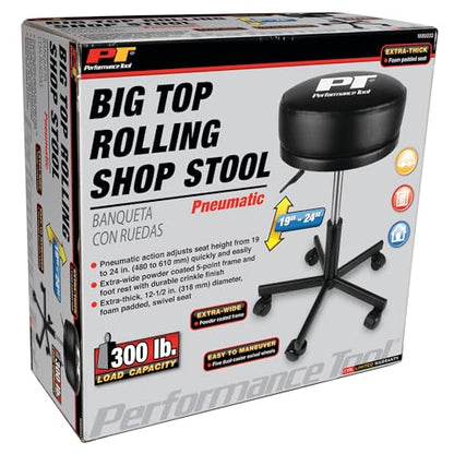 Performance Tool W85033 Extra-Thick Big Top Pneumatic Rolling Shop Stool for Mechanic Garages and Workshops, Black, 19x19x18.5-Inches - style: Pneumatic Rolling Shop Stool