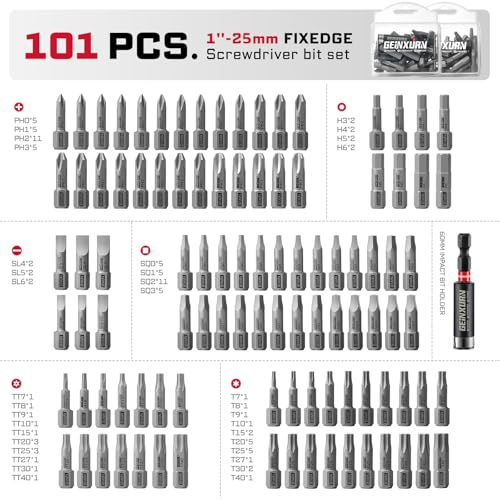 Geinxurn 101Pieces Fixedge Screwdriver Bit Set, 1Inch Magnetic S2 Alloy Steel Phillips/Slotted/Square/Torx/Hex/Security Torx Insert Power Bits Tips with Impact Bit Holder and Portable Storage Cases - style: FXMX025-101