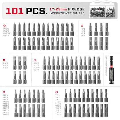 Geinxurn 101Pieces Fixedge Screwdriver Bit Set, 1Inch Magnetic S2 Alloy Steel Phillips/Slotted/Square/Torx/Hex/Security Torx Insert Power Bits Tips with Impact Bit Holder and Portable Storage Cases - style: FXMX025-101
