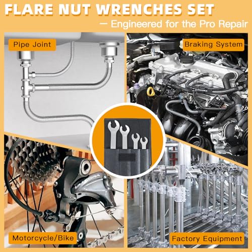 4 Piece Flare Nut Wrench Set with Leather Pouch, Metric Line Wrench Set 9x11mm 10x12mm 13x14mm 15x17mm, Cr-V Steel Brake Line Flare Nut Wrench for Plumbing Tight Confine Spaces