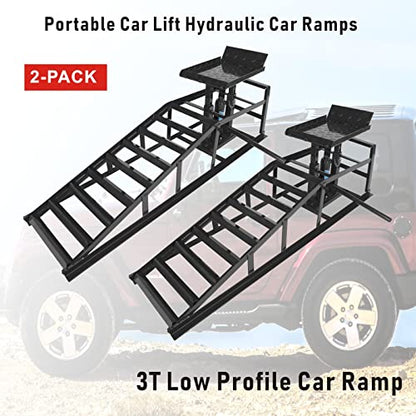 2-Pack Portable Car Lift Hydraulic Car Ramps 3T Low Profile Car Ramp Car Service Ramps Garage Car Lift Hydraulic Jack Ramps, Black