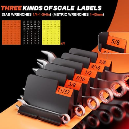 32 PCS Magnetic Wrench Organizer for Tool Drawer Storage, Black | Modular Wrench Holder with 6 Magnetic Strip, with SAE/Metric Labels, Perfect Tool Gift for Mechanics, DIYers, Father, Men - size: With Magnetic