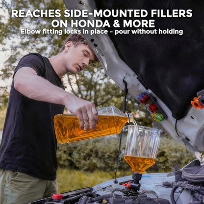 Spill-Proof Oil Funnel Kit 51oz - Master Engine Oil Change Funnel with Shut-Off Valve, 12-15 Adapters, Elbow Fitting, Arrow Screen Filter & Transparent Scale for All Cars Motorcycles