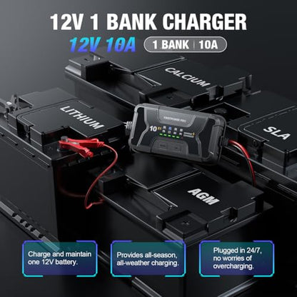 Marine Battery Charger 10X1: 1-Bank, 10A Onboard Charger - 10A Per Bank, 12V Waterproof Boat Battery Charger for SLA/AGM, Lithium, Calcium - Charged 24/7 - size: 1 Bank(10A)