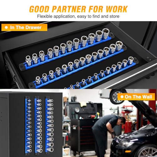 GOOACC Magnetic Socket Organizer 1/4" 3/8" 1/2" Socket Holder Set Heavy Duty Aluminum Socket Rail Organizers for Tool Box Drawer, 3 Pieces Magnetic Socket Rails Hold Up 40 Drive Socket Clips, Blue - size: Rail Magnetic 3PC 1/4"3/8"1/2" Blue