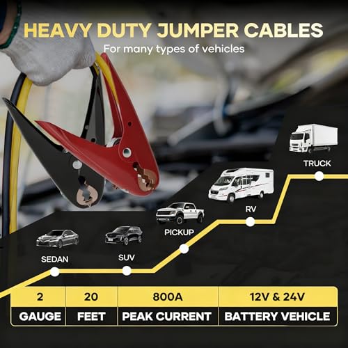 Heavy Duty Jumper Cables, 2 Gauge 20 Feet 800 Amp Automotive Booster Cables for Car Battery, for Car, SUV and Trucks Battery, with Carry Bag, Gloves, Brushes - size: 2 Gauge 20 FT