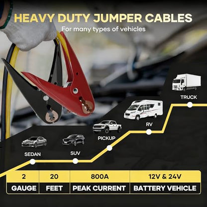 Heavy Duty Jumper Cables, 2 Gauge 20 Feet 800 Amp Automotive Booster Cables for Car Battery, for Car, SUV and Trucks Battery, with Carry Bag, Gloves, Brushes - size: 2 Gauge 20 FT