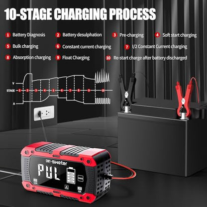 12A Smart Car Battery Charger, 12V/24V Automatic Battery Maintainer & Desulfator - Compatible with LiFePO4 Lithium, AGM, Gel, SLA, Lead-Acid for Truck, Motorcycle, Lawn Mower, Boat