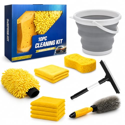 10Pcs Car Wash Detailing Kit Cleaning Kits,with Collapsible Bucket Wash Mitt Sponge Terry Towels Wheel Brush Window Scraper Coral Velvet Towel, Car Cleaning Tools Kit for Interior, Exterior, Wheels - color: Yellow 10pcs