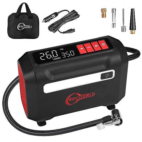 ROCGORLD R8 Tire Inflator Portable Air Compressor, DC 12V Air Compressor Portable with Large Dual Digital Screen, 3X Faster Inflation Air Pump for Car, Bike, Ball, Motor - color: Red