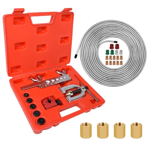 3/16" Brake Line Repair Kit - 25 Feet Zinc Plated Rust-Proof Brake Tubing + Flaring Tool, 16 Fittings & 4 Unions | For Cars, Trucks, SUV Hydraulic Brakes - color: Silver