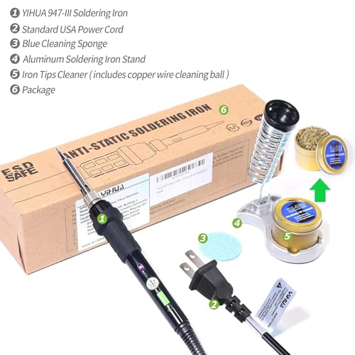 YIHUA 947-III Soldering Iron Kit with Temperature Stabilization, On-off Switch, 60W Portable Soldering Iron Kit with Holder, Tip Cleaner, Cleaning Sponge, 110V US Plug - style: Basic Style - Analog Irontal Iron Kit