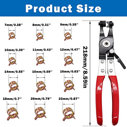 Tnisesm 121Pcs 6-22mm Spring Hose Clamp Assortment Kits with Swivel Flat Band Fuel Hose Clamp Plier, Silicone Vacuum Hose Action Pipe Clamp Low Pressure Air Clip Clamp for Hose Clamps - size: 120Pcs-12 Sizes+Plier