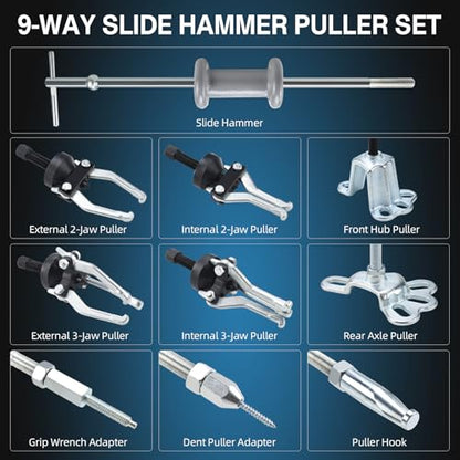8MILELAKE 9 Way Slide Hammer Puller Axle Front Rear Wheel Bearing Dent Hub Gear Puller Remover Set
