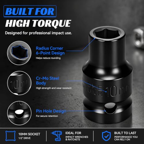 2PCS 10mm Impact Socket 1/2" Drive, 6 Point Metric Shallow Socket, CR-V Steel Heavy Duty Impact Wrench Socket for Automotive Repair - size: 10mm