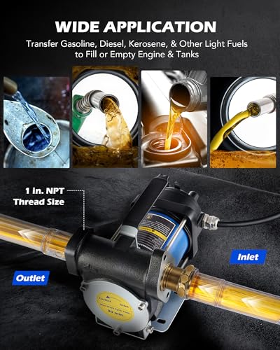 OMT 12GPM Gasoline Transfer Pump, 12V Priming Electric Fuel Pump Set | Auto Oil Transfer Pump with Overheat Protection & Inner Bypass Valve for Diesel, Kero, Light Fuels - color: 12GPM Gas Pump