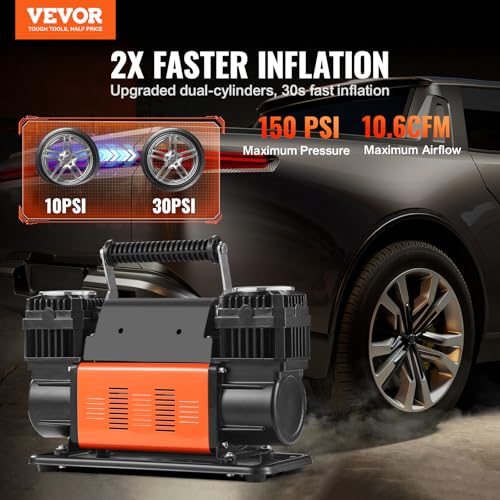 VEVOR 10.6 CFM Heavy Duty Air Compressor, 30s Fast Inflation | Dual-Cylinder Portable Tire Inflator, 12V 150PSI Offroad Air Pump with Adapters for Trucks Car SUV 4 x 4 Vehicle RV - style: 10.6CFM
