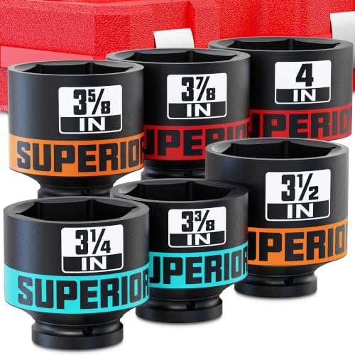 6 Piece 1”Drive Shallow Impact Socket Set, 3-1/4”-4”Axle Nut Sockets, SAE, CR-MO, 6 Point, Tools for Removing Mechanical Nuts, Large Automotive Repairs, Agricultural implement - size: 1" SAE