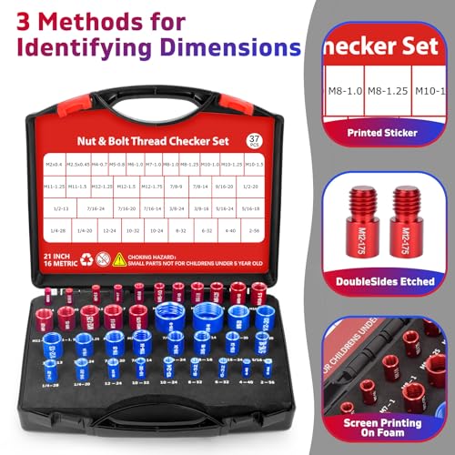 37 Pcs Thread Checker, Nut and Bolt Thread Checker Set with 21 Inch and 16 Metric Box Set Thread Gauge for Standard and Metric Sizes Perfect for Tight Spaces Ideal for Bolt and Nut Size Checkin