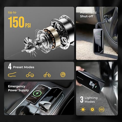 FLEXTAILGEAR Portable Tire Inflator, Rechargeable Electric Air Pump with Knob Pressure Control, Cordless Air Compressor for Car Tires, Bike, Balls, Digital Pressure Gauge, Auto Shut-Off.