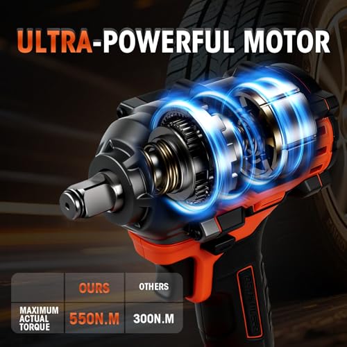 LLNDEI Cordless Impact Wrench 1/2 Inch, Power Impact Gun Kit, Max 550N.M/405Ft-lbs, 3900RPM, High Torque Electric Impact Driver with Drill Bits, Screwdriver Bits and sockets