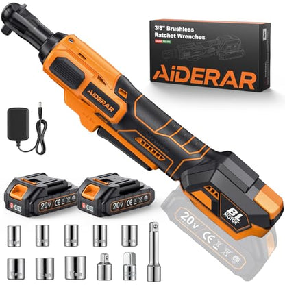 20V Brushless Cordless Ratchet Wrench 3/8", 67Ft-Lbs/ 90Nm Max Fastening Torque, 2x 2Ah Battery, 300RPM, Power Electric Ratchet Driver for Makita Battery, Set with 8 Sockets, 1/2"& 1/4"Adapter