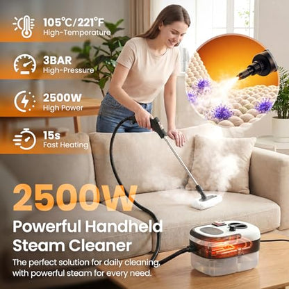 2500W Handheld Steam Cleaner for Home, 6-Level High Pressure Steam Gun, Steam Machine w/40.6oz Tank, Portable Car Steamer for Auto Detailing & Cleaning, Car, Floor, Furniture, Tile Grout, Wall
