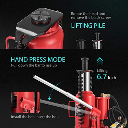 SPECSTAR Pneumatic Air Hydraulic Bottle Jack with Manual Hand Pump 20 Ton | Heavy Duty Auto Truck Travel Trailer Repair Lift Red - color: Red