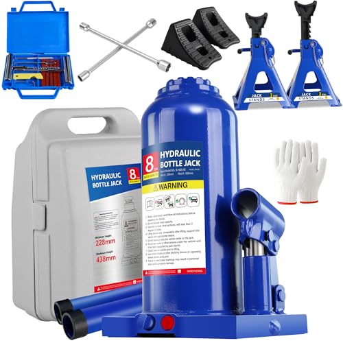 8T Full Kit: Bottle Jack, Stands, Wrench, Chock, Tire Kit | Complete 8-ton set: jack, stands, cross wrench, chock, tire kit. 8.98"-17.24" lift. Welded steel. - color: 8 Ton Full Kit with Chock, Wrench & Stands
