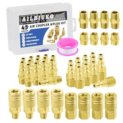 Air Coupler & Plug Kit,45 Pcs 1/4" NPT Air Tool Fittings Set,Quick Connect Air Hose Fittings Air Compressor Accessories