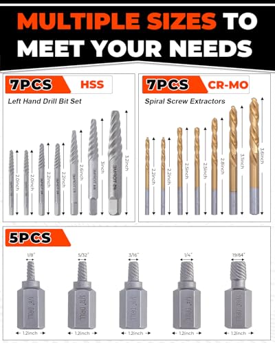 19 Piece Easy Out Screw Extractor Set and Left Hand Drill Bits Set | HSS Steel Reverse Drill Bit for Removing Stripped Damaged Broken Screw, Bolts, Nuts
