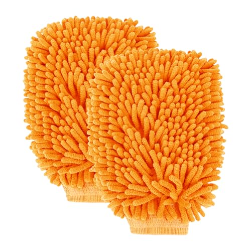 wuyaoyao 2PCS Car Wash Mitt, 10.14"×7.12" Chenille Microfiber Car Wash Mitts, Scratch-Free & Lint-Free, Absorbent Double Sided Clean Glove for Cars Cleaning, Auto Cleaning Supplies (Orange) - color: Orange
