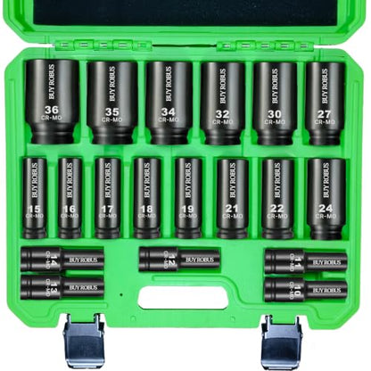 19 Pcs 1/2" Metric Impact Socket Set, Deep Sockets 10mm-36mm, 6-Point Cr-V and Alloy Steel, 1/2 Inches Drive Impact Socket Set,Rugged Construction, Enhanced Storage Case - size: 19 Pcs 1/2" Metric Socket Set