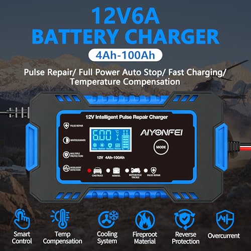 12V 6-Amp Battery Charger, Smart Trickle Charger & Maintainer Blue | Battery Desulfator, Winter & Summer Mode, Lead-acid Battery Chargers, for Car Truck Motorcycle Lawn Mower Boat - color: BLUE