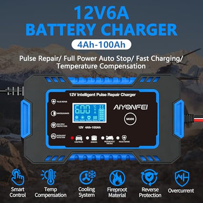 12V 6-Amp Battery Charger, Smart Trickle Charger & Maintainer Blue | Battery Desulfator, Winter & Summer Mode, Lead-acid Battery Chargers, for Car Truck Motorcycle Lawn Mower Boat - color: BLUE