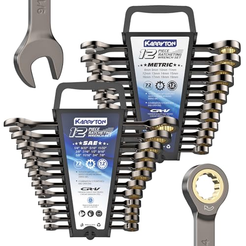 24-Piece Ratcheting Wrench Set (Metric & SAE),72 Teeth Ratchet Combination Wrenches Set with Organizer Racks,Cr-V Steel,8-19mm & 1/4-7/8",Black Nickel Handle with Golden Ratchet - color: Fixed Head