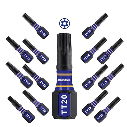 Geinxurn 15 Pieces Security T20 Impact Magnetic Screwdriver Bit Set, 1 In. #20 Torx Head Insert Bit Set, S2 Alloy Steel Hollow Star Bit Set - size: 1"-15PCS, style: TT20