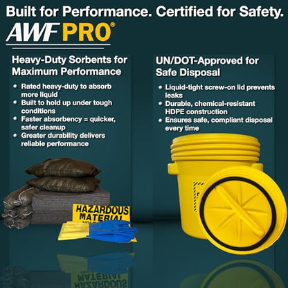 AWF PRO 20 Gallon Universal Spill Kit, 59 Pieces | Includes DOT Approved 20 Gallon Drum, Sorbent Socks, Pads, & Pillows, & Accessories - size: Universal Spill Kit