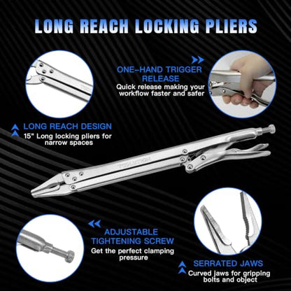 3-Piece 15" Long Reach Locking Pliers Straight, 45° & 90° | Angled Jaw Vice Grips Extra Long Nose Narrow Spaces Fast Release Design for Automotive, Welding, Home Repair - color: 3 Pack (Straight+ 90°+ 45°)