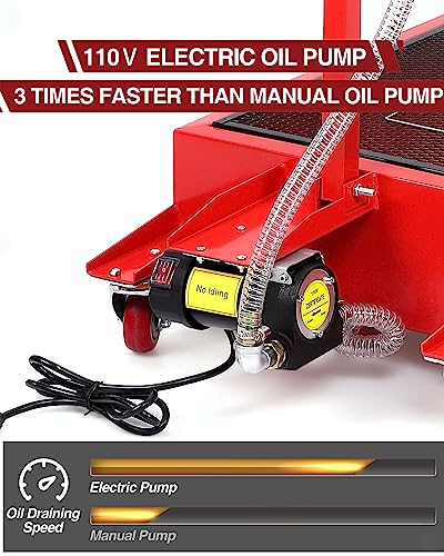 Oil Drain Pan, 20 Gallon Low Profile Oil Drain Pan, Oil Change Pan with 110V Electric Pump,8ft Hose & Folding Handle, Rolling Oil Drain Cart for Cars, Trucks, Buses, RVs, Red - size: 20 GAL