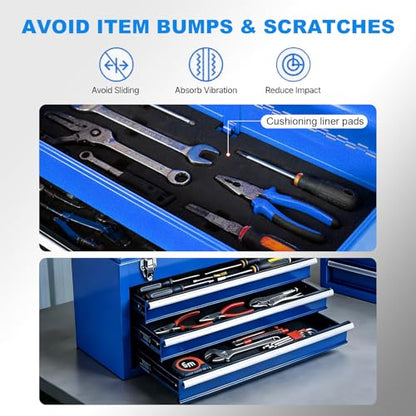 TCE 3 Drawer 20.5" Portable Metal Tool Box: Ball-Bearing Slides and 2 Metal Latches for Secure Closure in Garage, Home or Workbench, Blue - size: 20.5 inch
