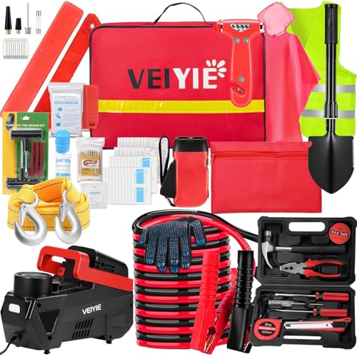 Roadside car Emergency kit, 12PCS Emergency Car Kits for Vehicles with Jumper Cables, Portable Air Compressor, Tow Strap, Survival kit, Emergency Supplies for Women,Man, New Driver Gifts - color: Red, size: Essential Kit+Repair Tool+Tire Inflator